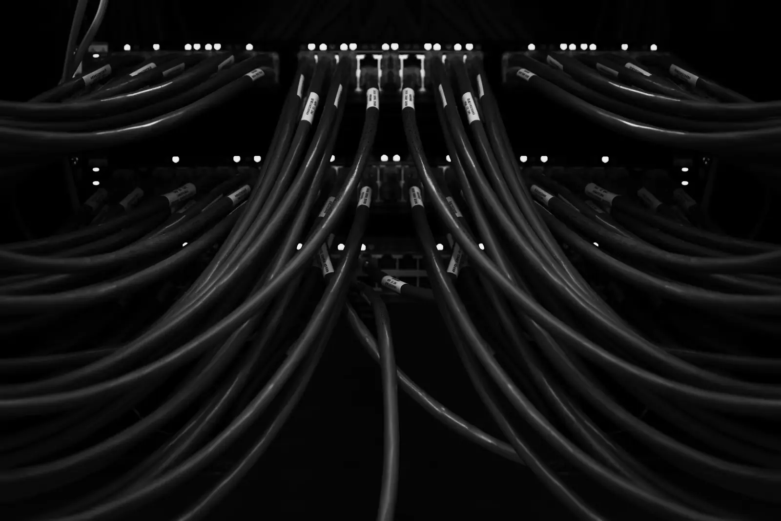 Many network cables connect to a switch in a dark server rack
